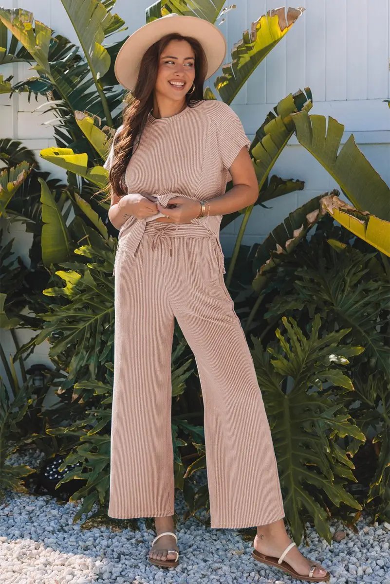 Smoke Gray Solid Corded Knit Short Sleeve T Shirt and Wide Leg Pants Set - Love Salve